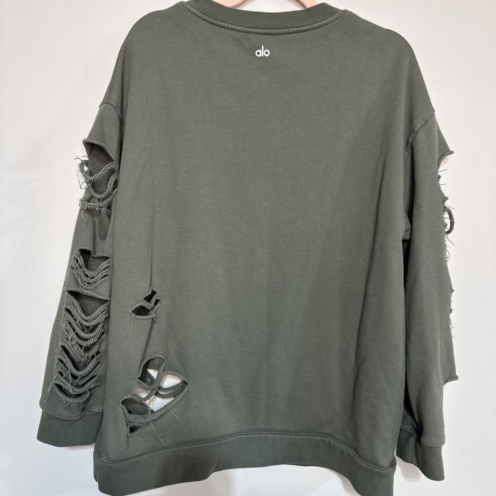 ALO Yoga Fade Distressed Pullover Crewneck‎ Sweatshirt Womens Size M Green #094 - Picture 8 of 16